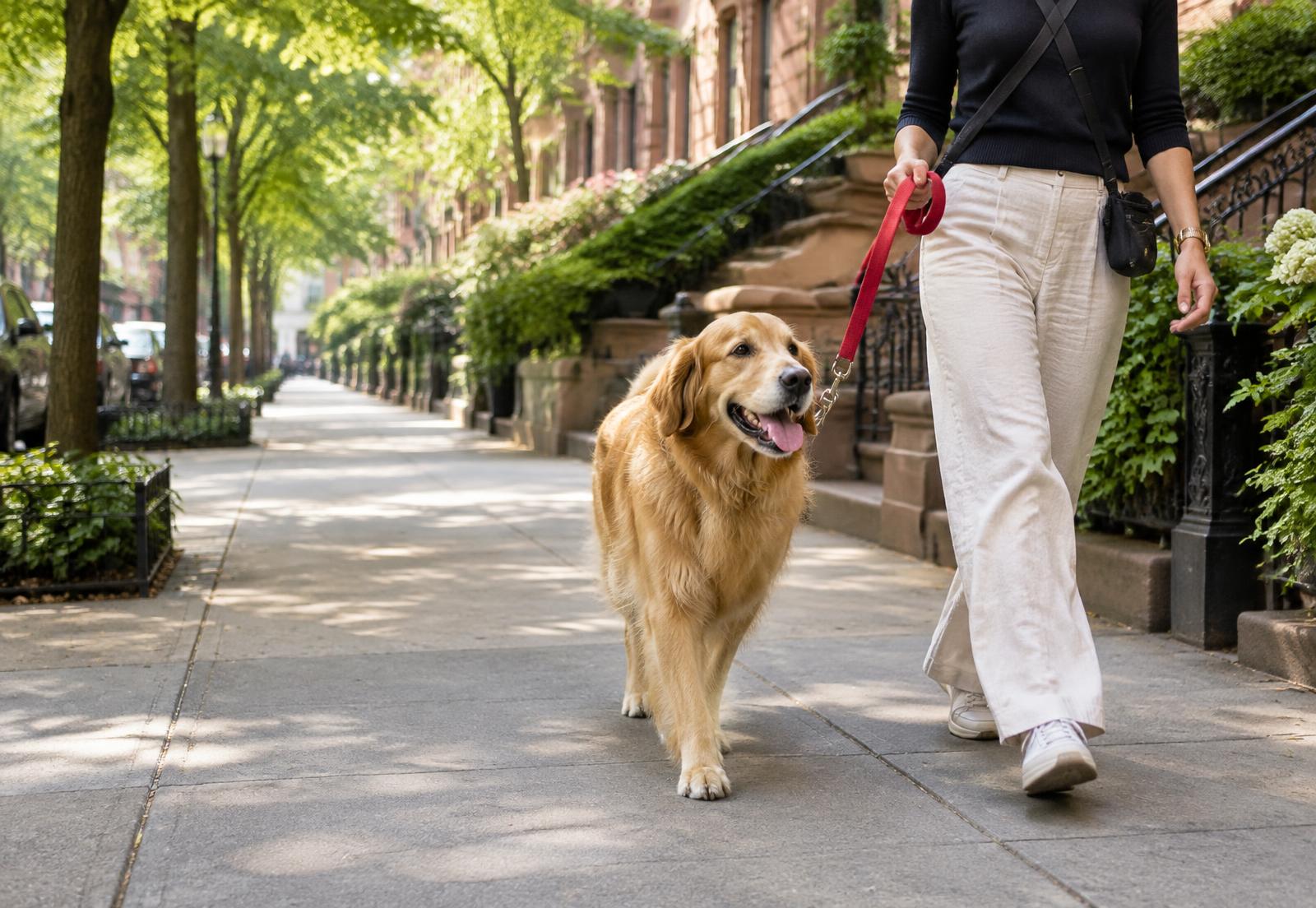 Golden retriever walking on a leafy Upper East Side sidewalk